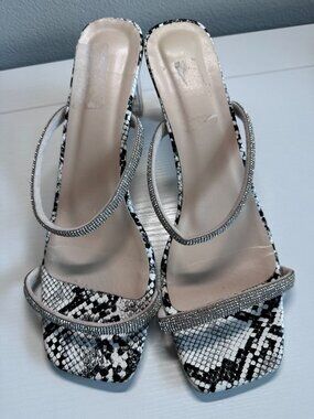 Snake Print Exquisite Rhinestone Straps Clear Block Heel Sandals Size 41